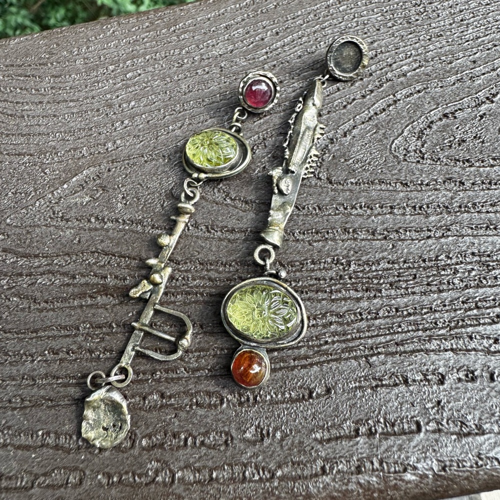 Unique Sterling Silver Earrings with carved Lemon Quartz and Tourmaline